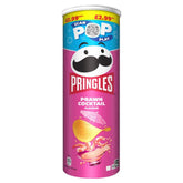 A 165g can of Pringles Prawn Cocktail Flavour showcases a pink label with a cartoon face design, made from dehydrated potatoes. Priced at £2.99, it provides a delightful vegetarian snacking option with prawn cocktail seasoning.